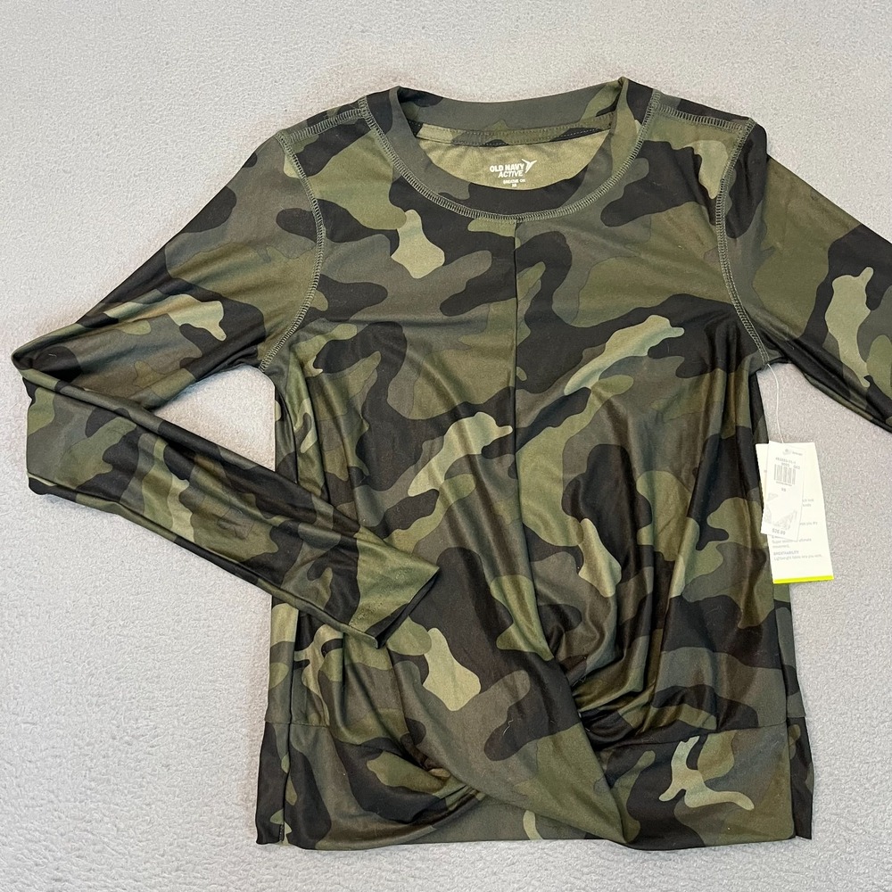 Old Navy Active Top Womens Size XS Breath On Green Camouflage Twist Hem Knot NWT